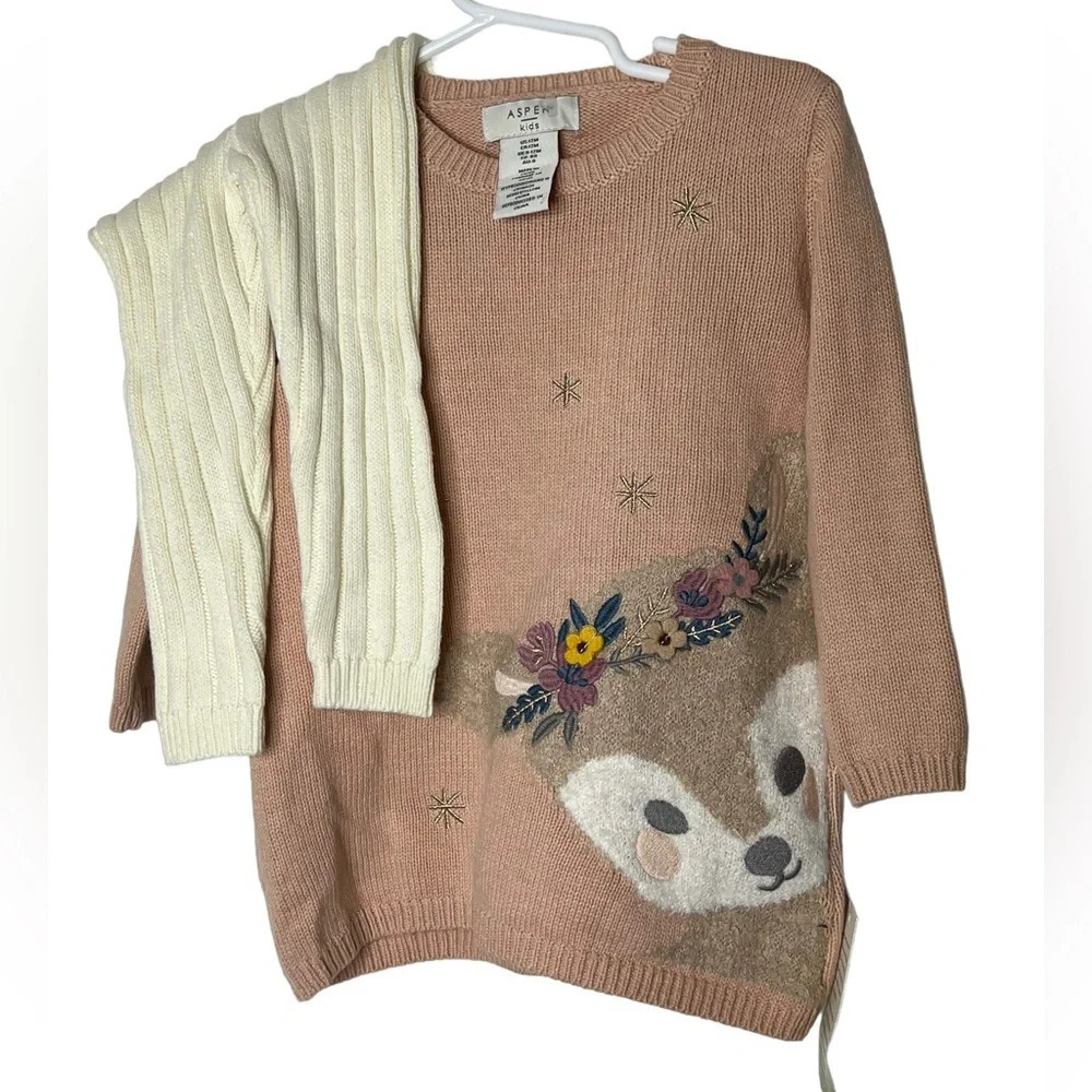 Aspen kids baby girls pink deer sweater dress cable knit leggings sz 12m NWT